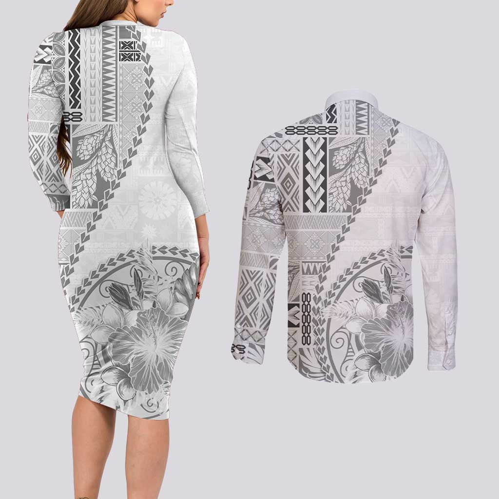 Samoa Siapo Elegant Couples Matching Long Sleeve Bodycon Dress and Long Sleeve Button Shirt Hibiscus White Motifs - Polynesian Pride