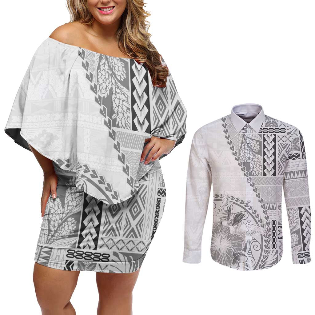 Samoa Siapo Elegant Couples Matching Off Shoulder Short Dress and Long Sleeve Button Shirt Hibiscus White Motifs - Polynesian Pride