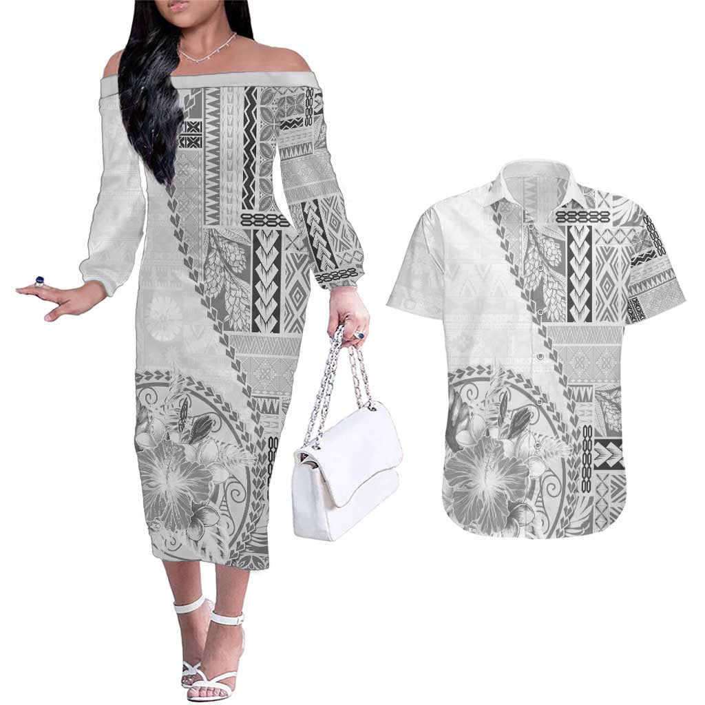 Samoa Siapo Elegant Couples Matching Off The Shoulder Long Sleeve Dress and Hawaiian Shirt Hibiscus White Motifs - Polynesian Pride