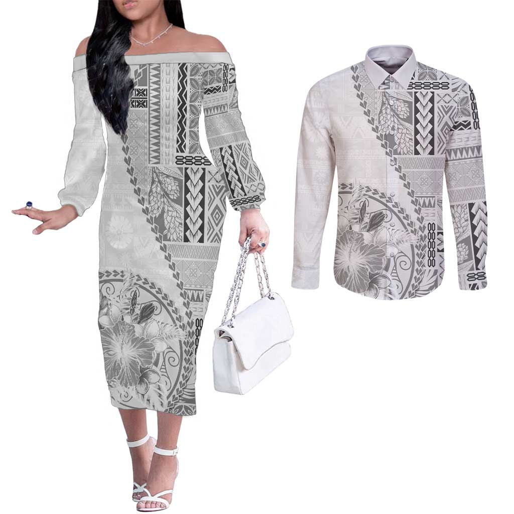 Samoa Siapo Elegant Couples Matching Off The Shoulder Long Sleeve Dress and Long Sleeve Button Shirt Hibiscus White Motifs - Polynesian Pride