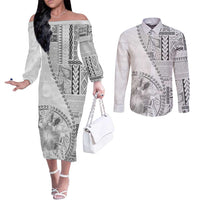 Samoa Siapo Elegant Couples Matching Off The Shoulder Long Sleeve Dress and Long Sleeve Button Shirt Hibiscus White Motifs - Polynesian Pride