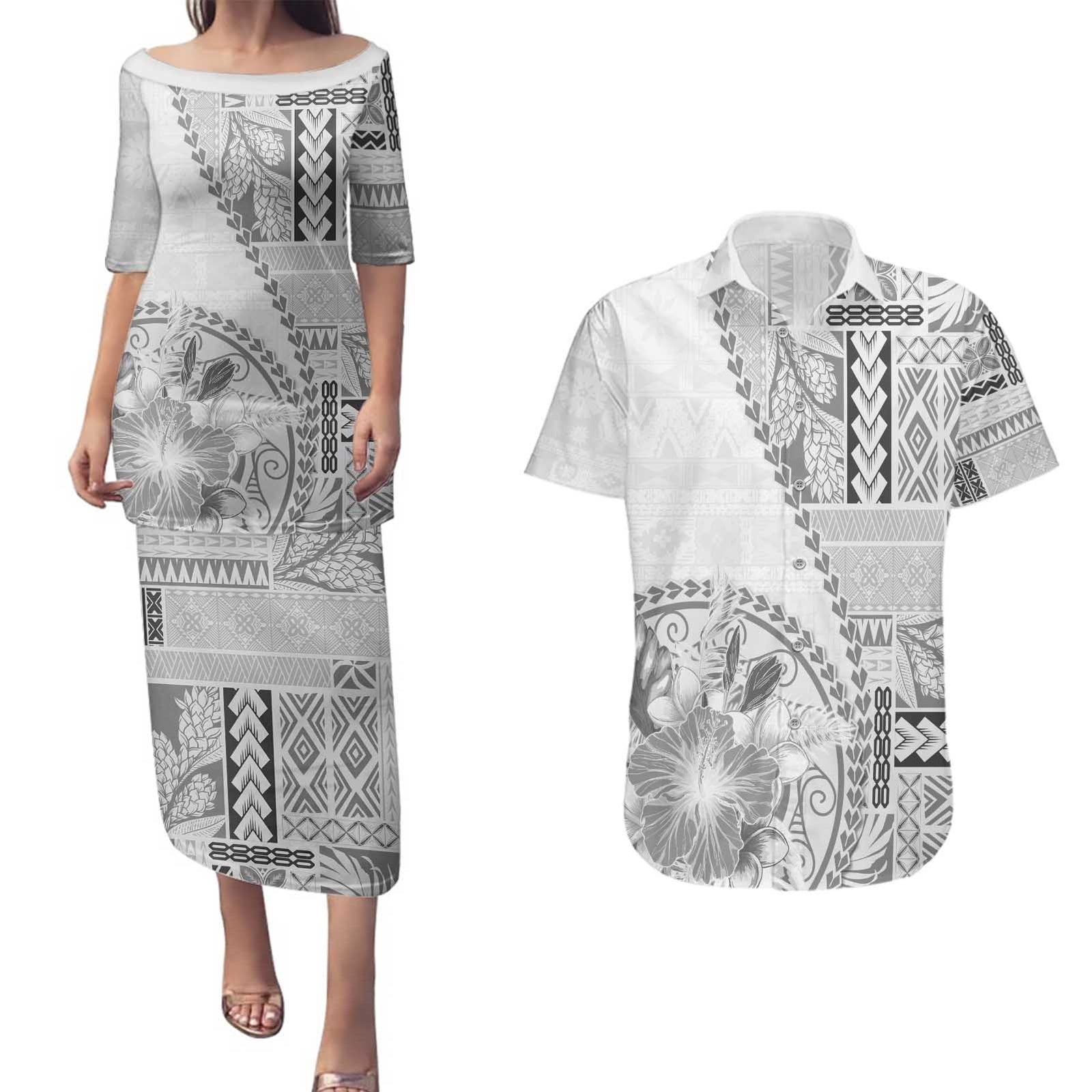 Samoa Siapo Elegant Couples Matching Puletasi and Hawaiian Shirt Hibiscus White Motifs - Polynesian Pride