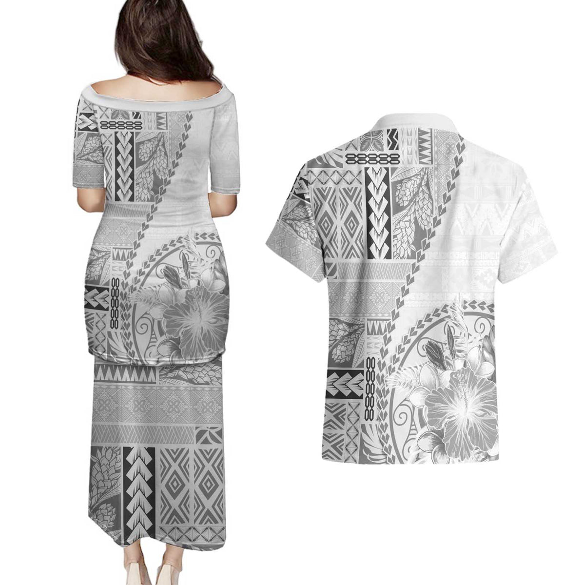 Samoa Siapo Elegant Couples Matching Puletasi and Hawaiian Shirt Hibiscus White Motifs - Polynesian Pride