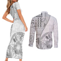 Samoa Siapo Elegant Couples Matching Short Sleeve Bodycon Dress and Long Sleeve Button Shirt Hibiscus White Motifs - Polynesian Pride