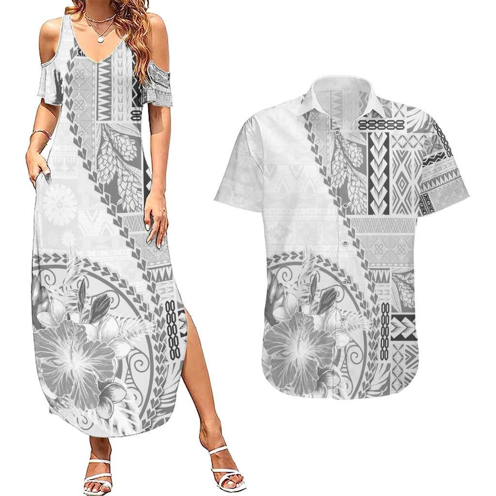 Samoa Siapo Elegant Couples Matching Summer Maxi Dress and Hawaiian Shirt Hibiscus White Motifs - Polynesian Pride