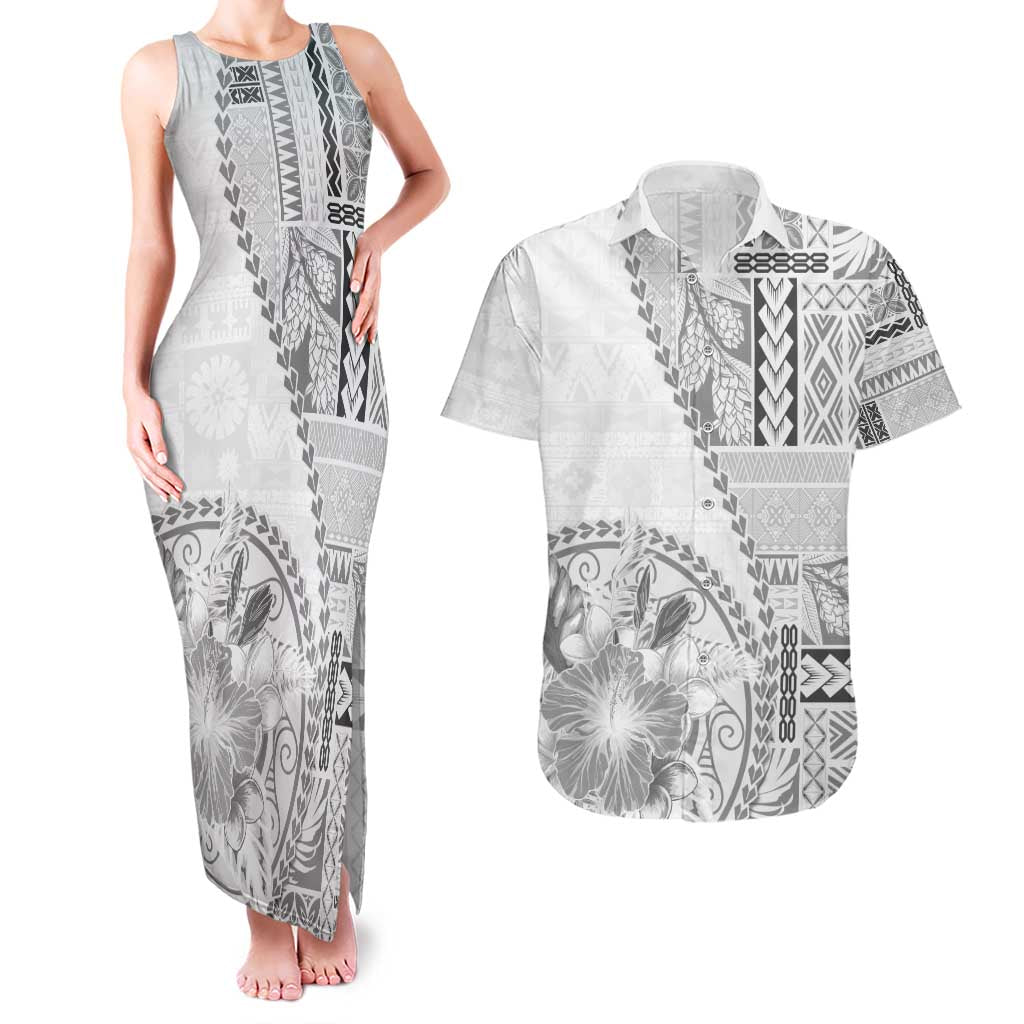 Samoa Siapo Elegant Couples Matching Tank Maxi Dress and Hawaiian Shirt Hibiscus White Motifs - Polynesian Pride