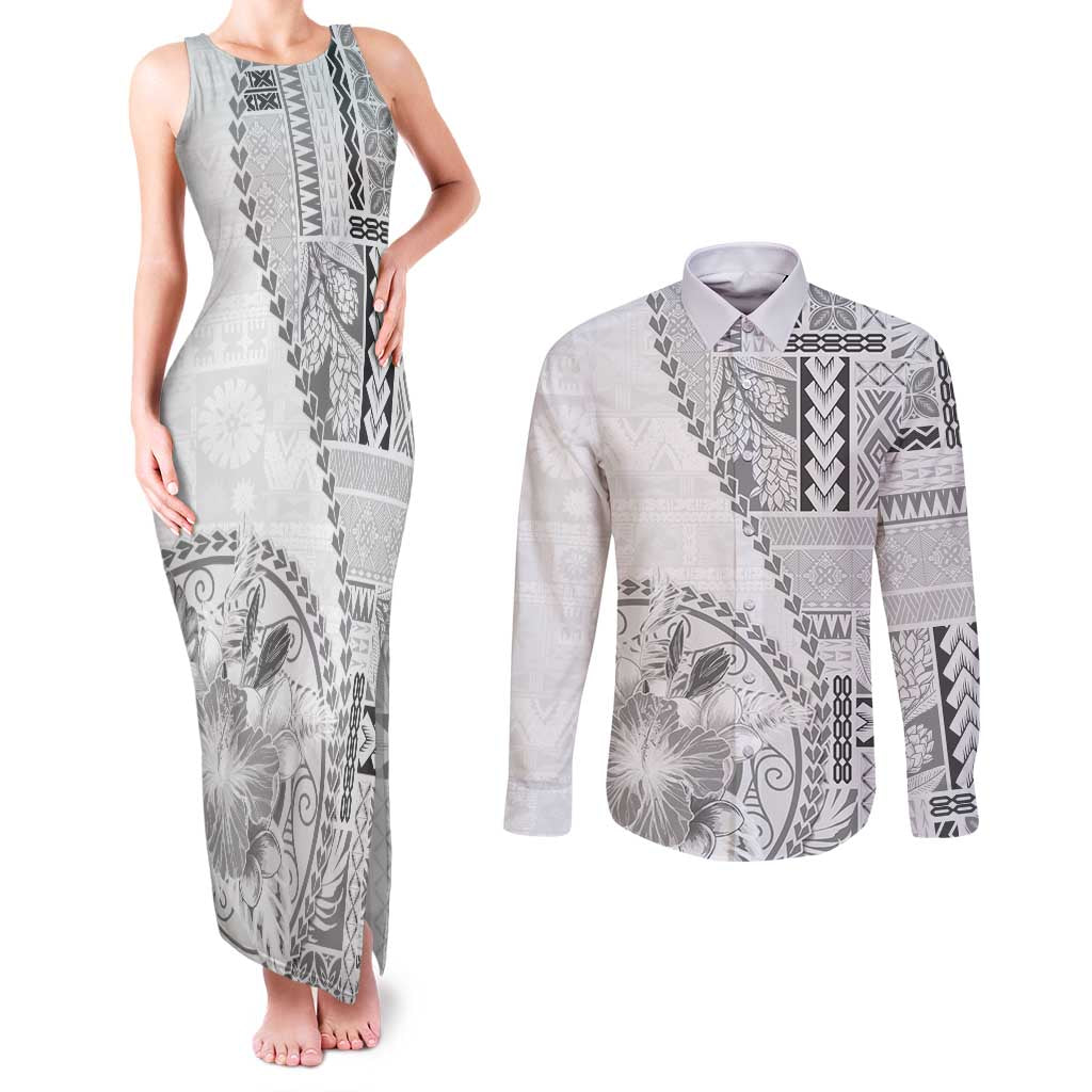 Samoa Siapo Elegant Couples Matching Tank Maxi Dress and Long Sleeve Button Shirt Hibiscus White Motifs - Polynesian Pride