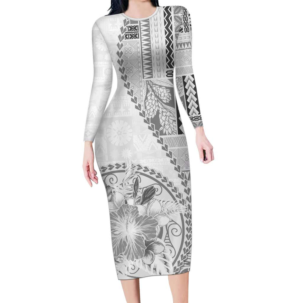 Samoa Siapo Elegant Family Matching Long Sleeve Bodycon Dress and Hawaiian Shirt Hibiscus White Motifs LT05 Mom's Dress White - Polynesian Pride
