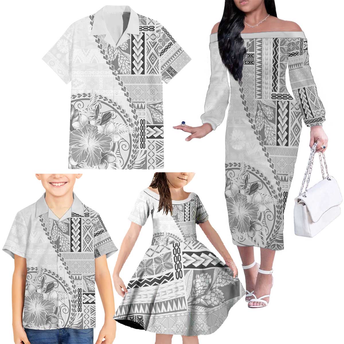 Samoa Siapo Elegant Family Matching Off The Shoulder Long Sleeve Dress and Hawaiian Shirt Hibiscus White Motifs LT05 - Polynesian Pride