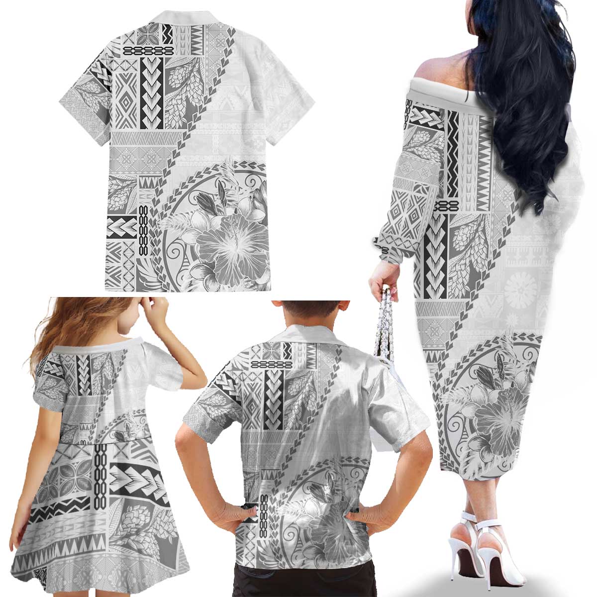 Samoa Siapo Elegant Family Matching Off The Shoulder Long Sleeve Dress and Hawaiian Shirt Hibiscus White Motifs LT05 - Polynesian Pride