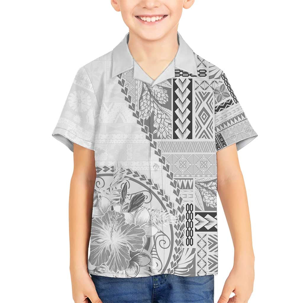 Samoa Siapo Elegant Family Matching Off Shoulder Short Dress and Hawaiian Shirt Hibiscus White Motifs - Polynesian Pride