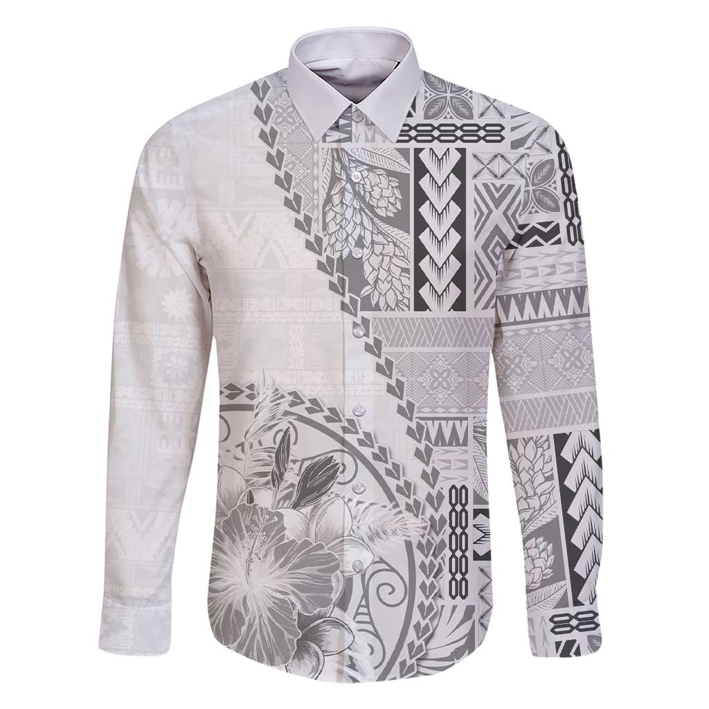 Samoa Siapo Elegant Family Matching Short Sleeve Bodycon Dress and Hawaiian Shirt Hibiscus White Motifs LT05 Dad's Shirt - Long Sleeve White - Polynesian Pride