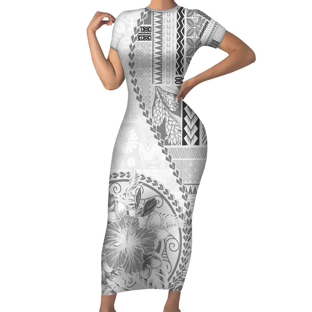 Samoa Siapo Elegant Family Matching Short Sleeve Bodycon Dress and Hawaiian Shirt Hibiscus White Motifs LT05 Mom's Dress White - Polynesian Pride