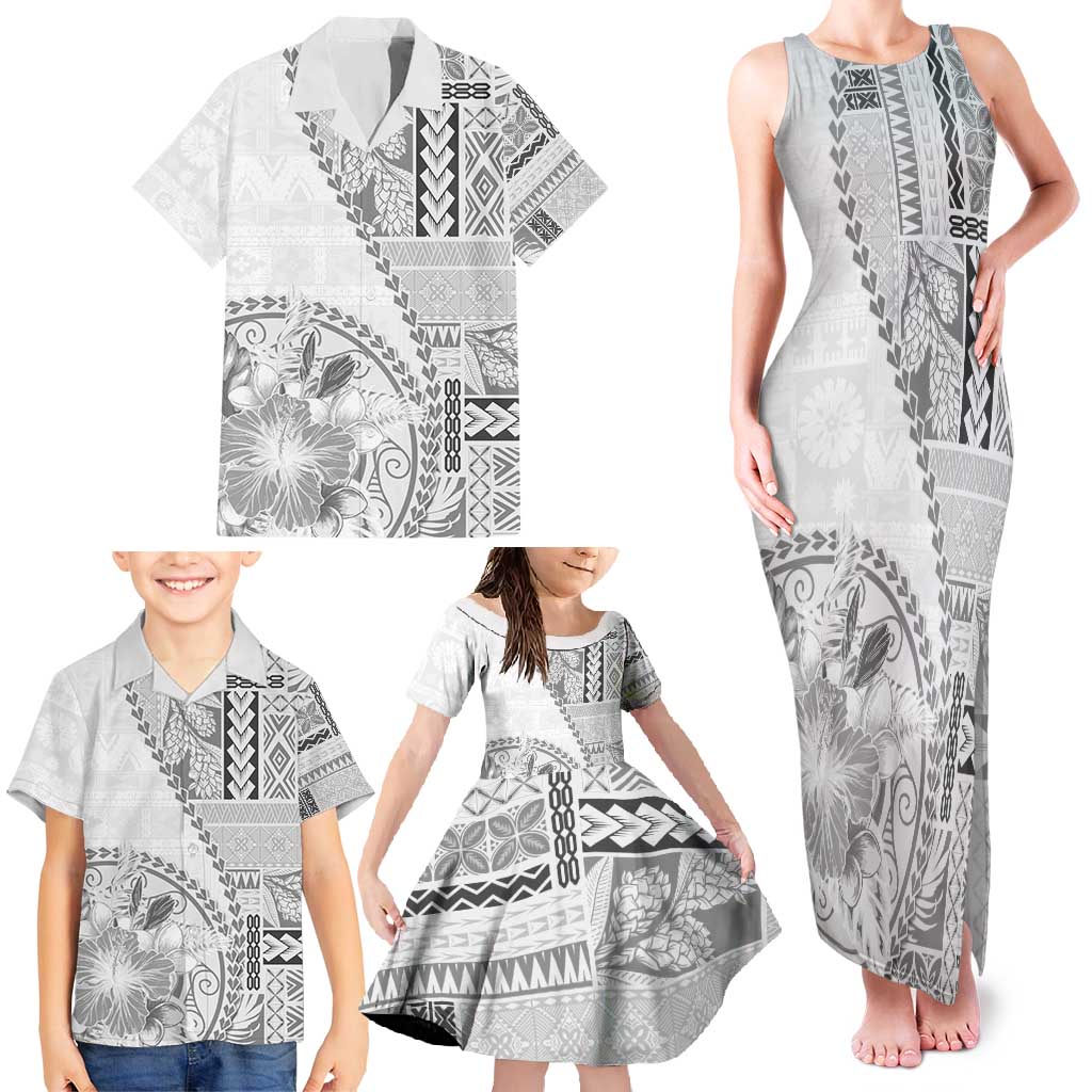 Samoa Siapo Elegant Family Matching Tank Maxi Dress and Hawaiian Shirt Hibiscus White Motifs - Polynesian Pride