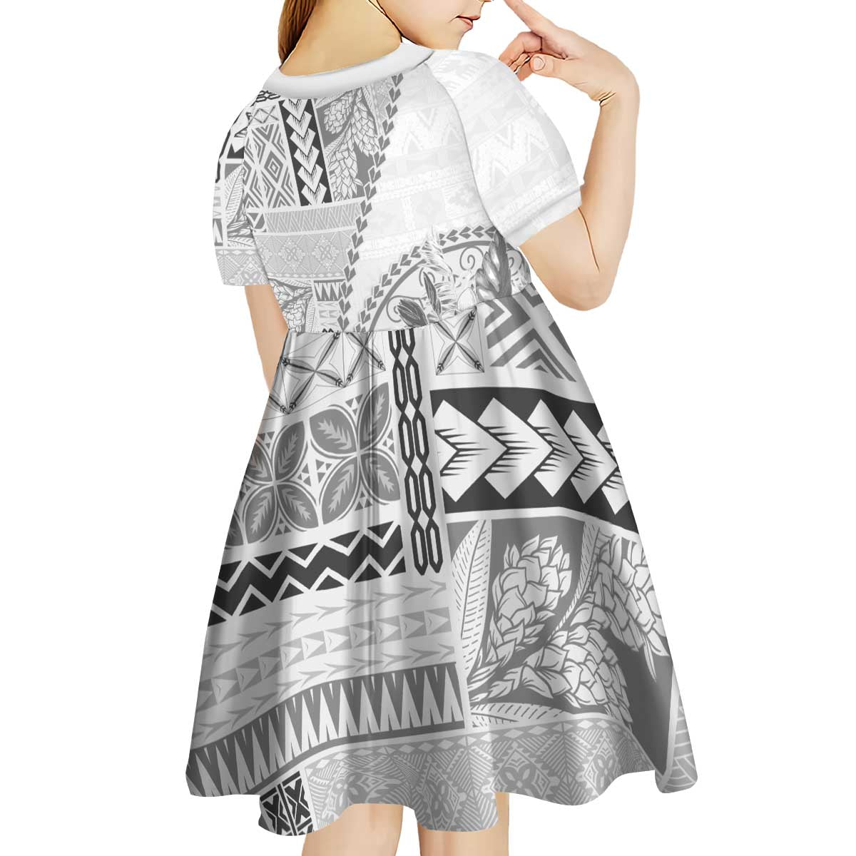 Samoa Siapo Elegant Kid Short Sleeve Dress Hibiscus White Motifs - Polynesian Pride