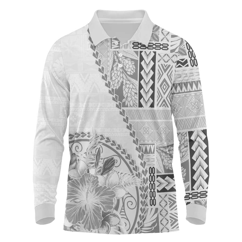 Samoa Siapo Elegant Long Sleeve Polo Shirt Hibiscus White Motifs - Polynesian Pride