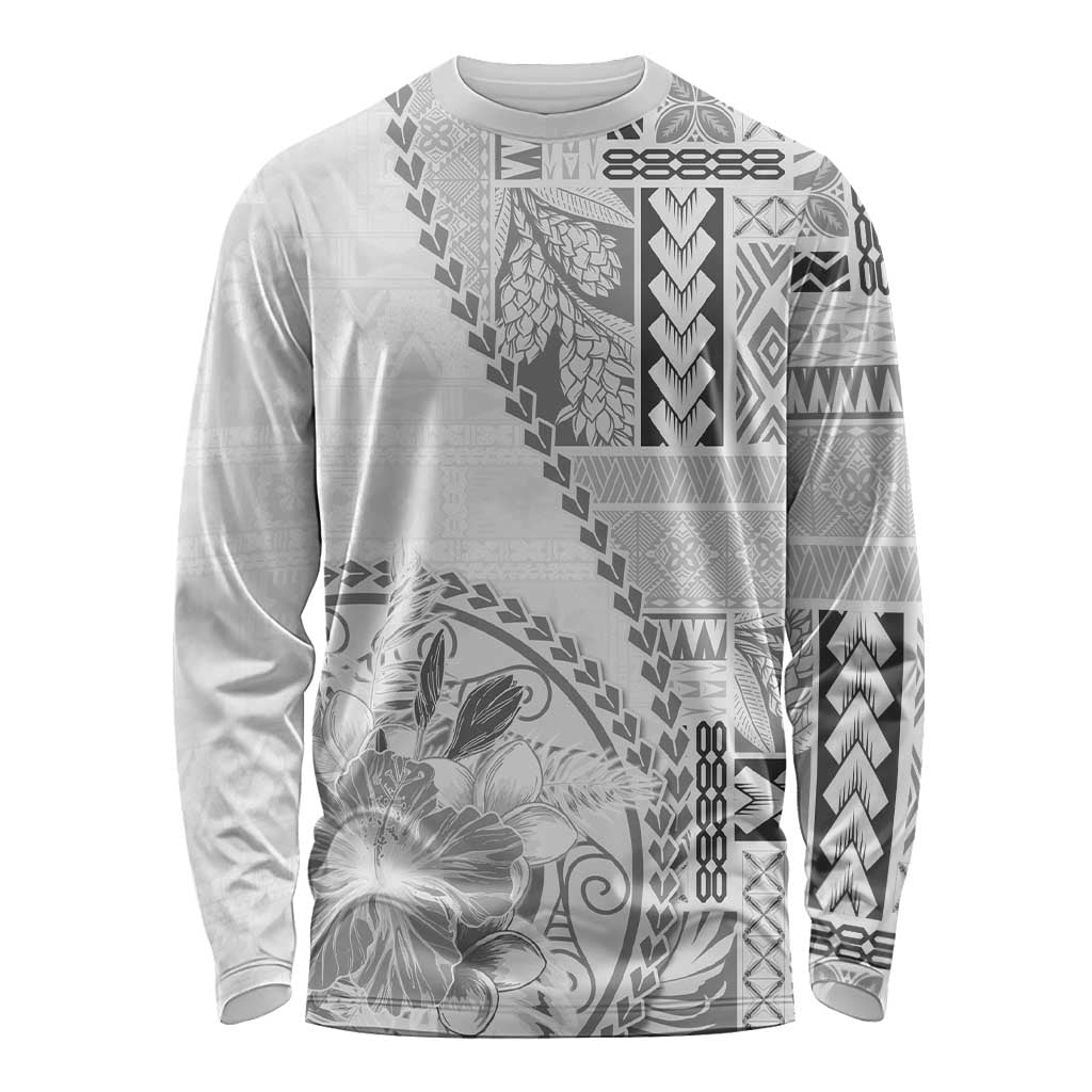 Samoa Siapo Elegant Long Sleeve Shirt Hibiscus White Motifs - Polynesian Pride