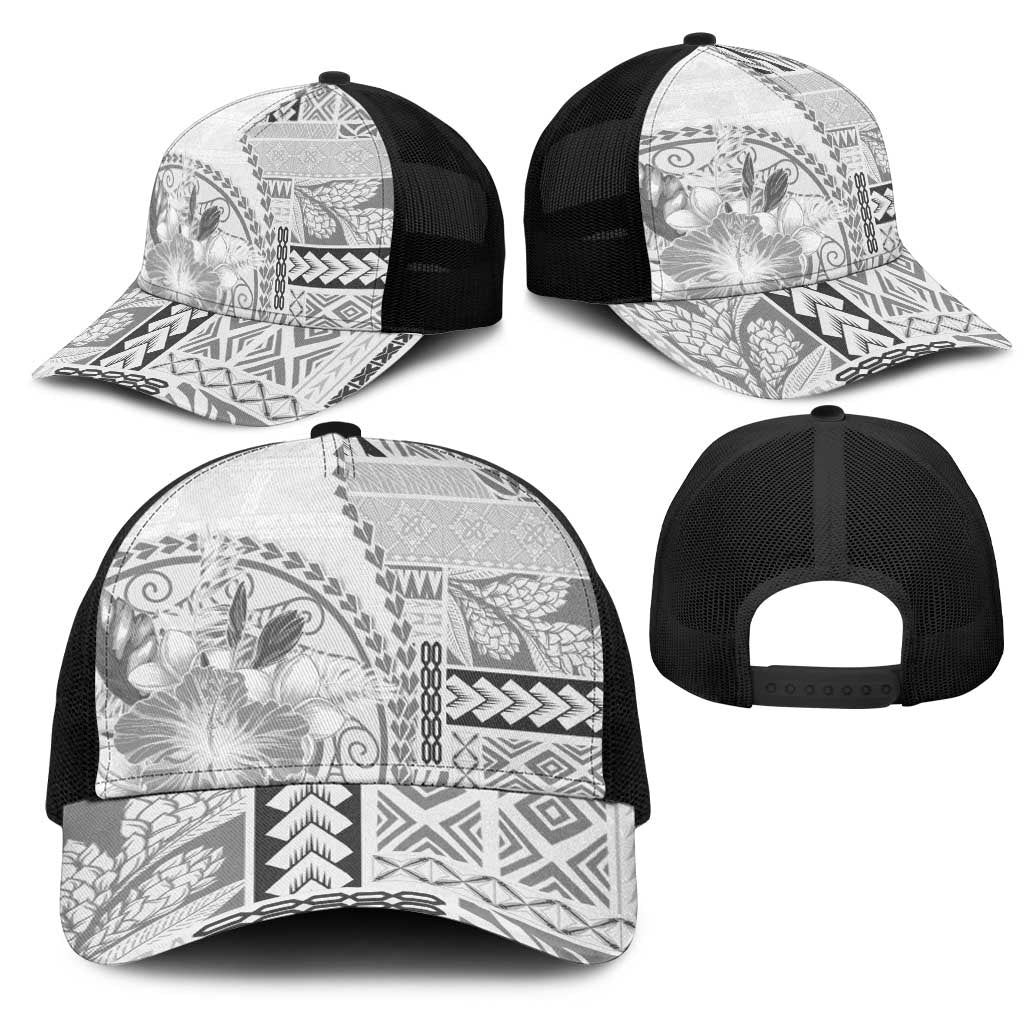 Samoa Siapo Elegant Mesh Trucker Cap Hibiscus White Motifs - Polynesian Pride