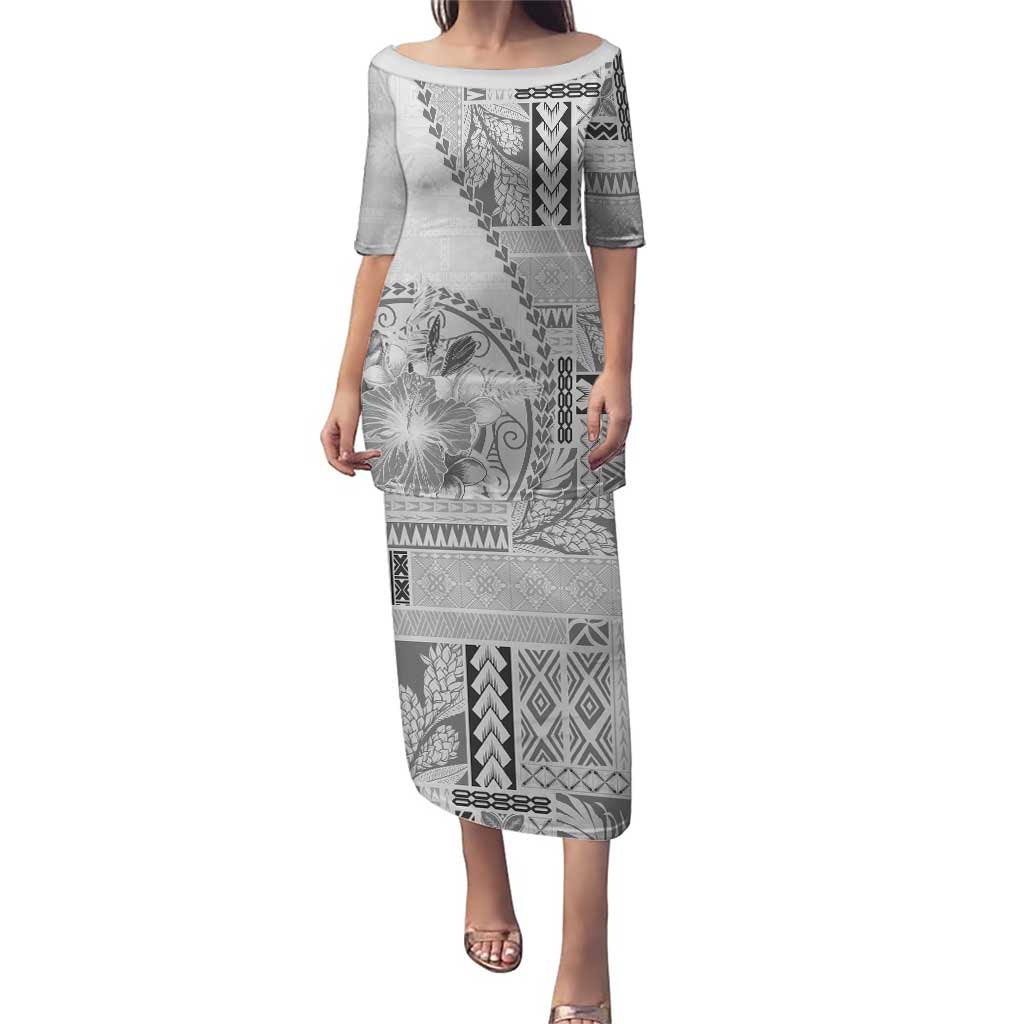Samoa Siapo Elegant Puletasi Hibiscus White Motifs - Polynesian Pride