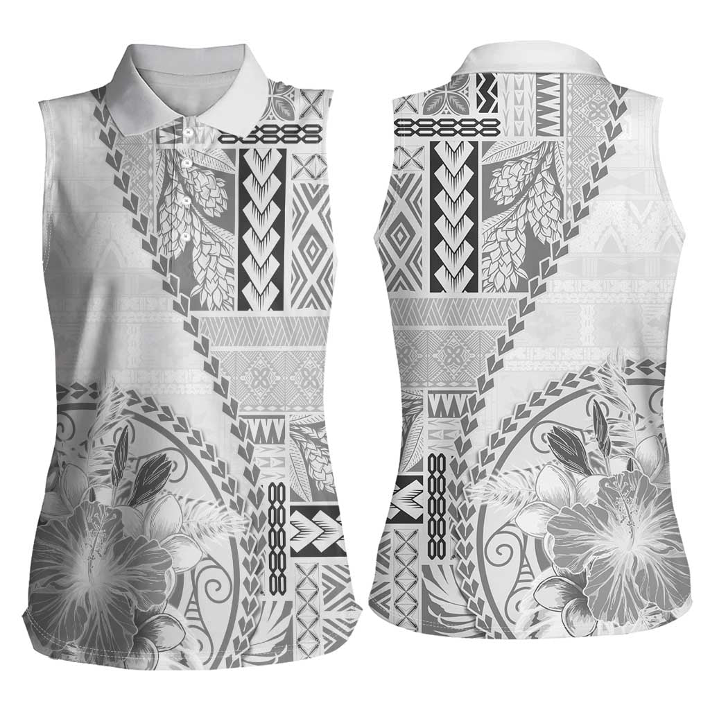 Samoa Siapo Elegant Women Sleeveless Polo Shirt Hibiscus White Motifs - Polynesian Pride