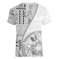 Samoa Siapo Elegant Women V-Neck T-Shirt Hibiscus White Motifs - Polynesian Pride