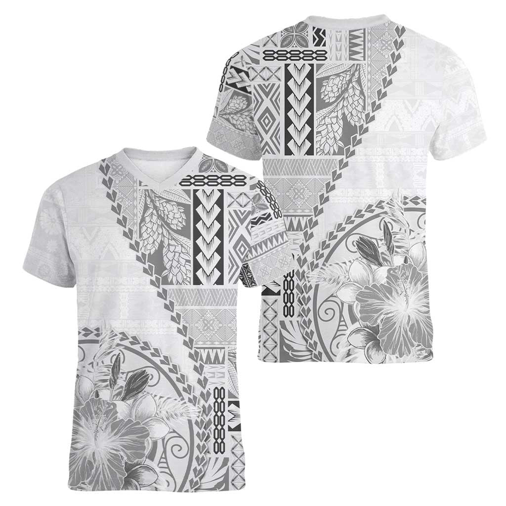 Samoa Siapo Elegant Women V-Neck T-Shirt Hibiscus White Motifs - Polynesian Pride