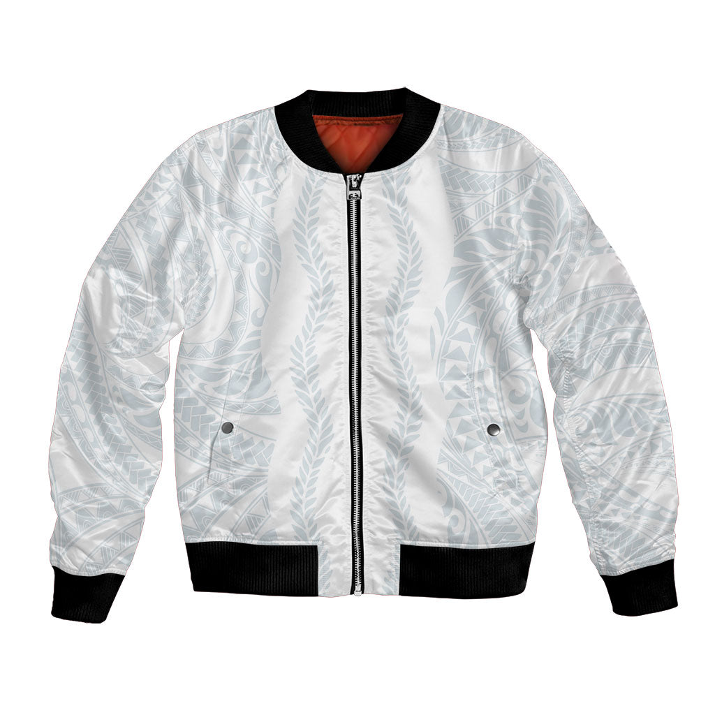 Samoa Lotu Tamaiti Bomber Jacket Teuila With Tribal Motifs LT05 Unisex White - Polynesian Pride