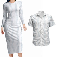 Samoa Lotu Tamaiti Couples Matching Long Sleeve Bodycon Dress and Hawaiian Shirt Teuila With Tribal Motifs LT05 White - Polynesian Pride