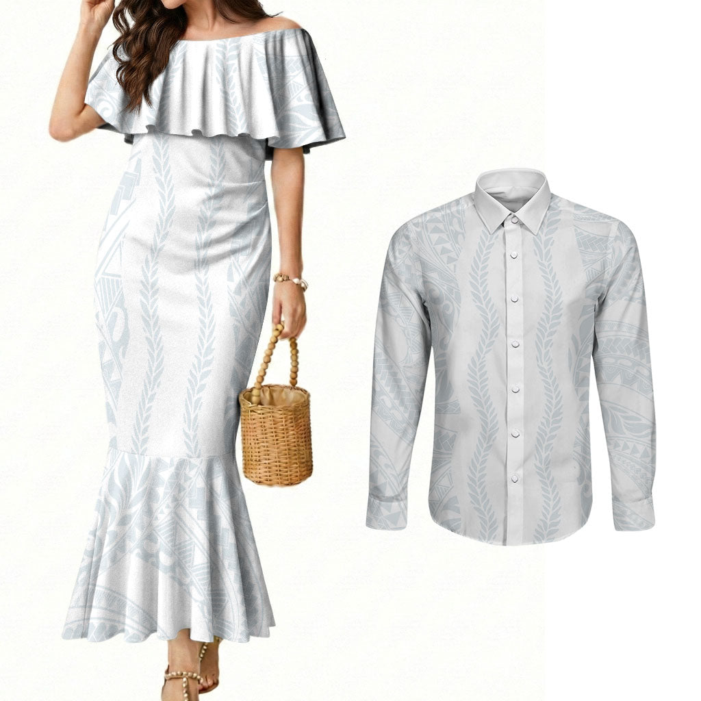 Samoa Lotu Tamaiti Couples Matching Mermaid Dress and Long Sleeve Button Shirt Teuila With Tribal Motifs LT05 White - Polynesian Pride