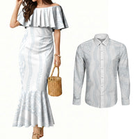 Samoa Lotu Tamaiti Couples Matching Mermaid Dress and Long Sleeve Button Shirt Teuila With Tribal Motifs LT05 White - Polynesian Pride