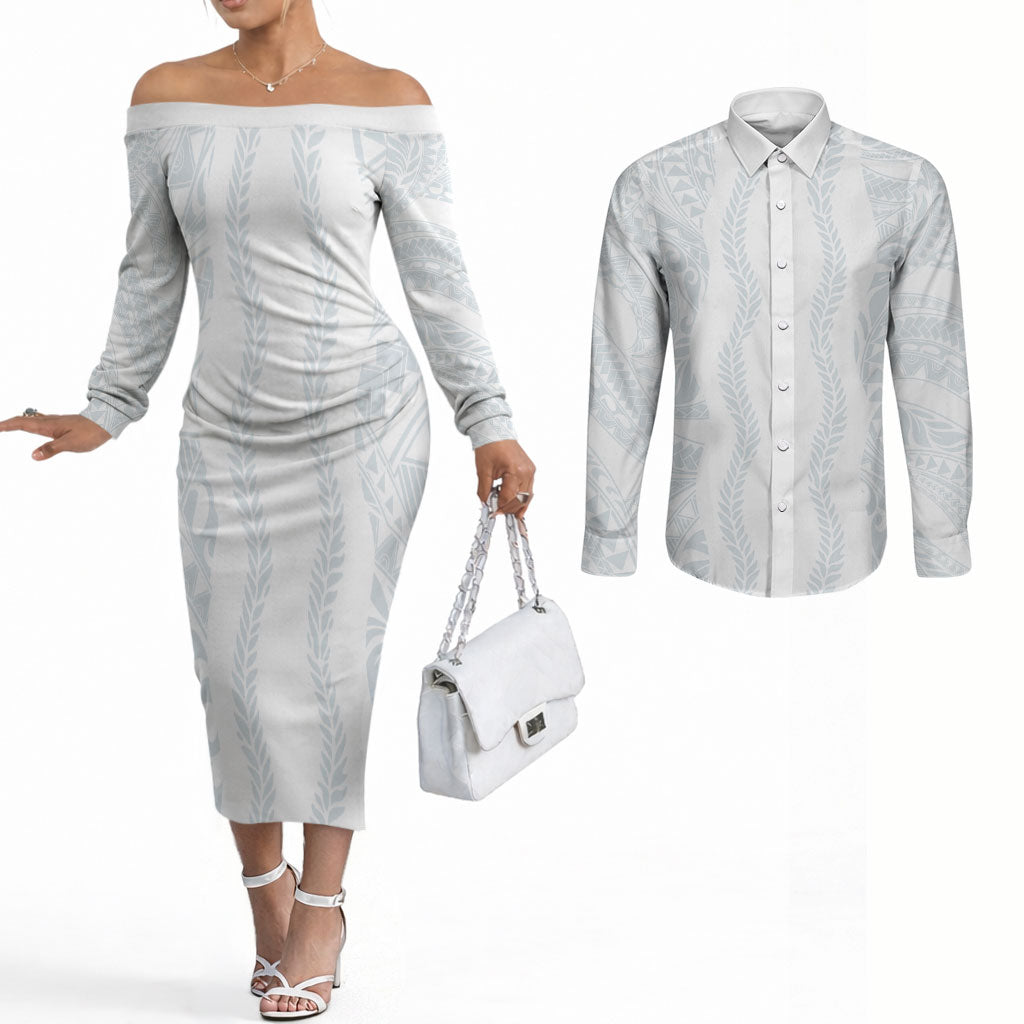 Samoa Lotu Tamaiti Couples Matching Off The Shoulder Long Sleeve Dress and Long Sleeve Button Shirt Teuila With Tribal Motifs LT05 White - Polynesian Pride