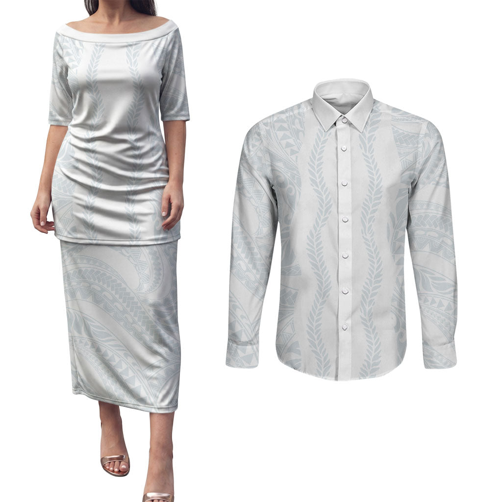 Samoa Lotu Tamaiti Couples Matching Puletasi and Long Sleeve Button Shirt Teuila With Tribal Motifs LT05 White - Polynesian Pride