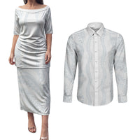 Samoa Lotu Tamaiti Couples Matching Puletasi and Long Sleeve Button Shirt Teuila With Tribal Motifs LT05 White - Polynesian Pride
