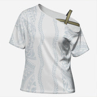 Samoa Lotu Tamaiti Cross Shoulder Shirt Teuila With Tribal Motifs LT05 Female White - Polynesian Pride