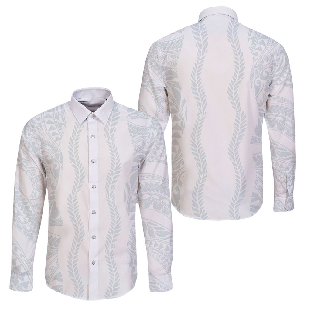 Samoa Lotu Tamaiti Family Matching Off Shoulder Maxi Dress and Hawaiian Shirt Teuila With Tribal Motifs LT05 Dad's Shirt - Long Sleeve White - Polynesian Pride
