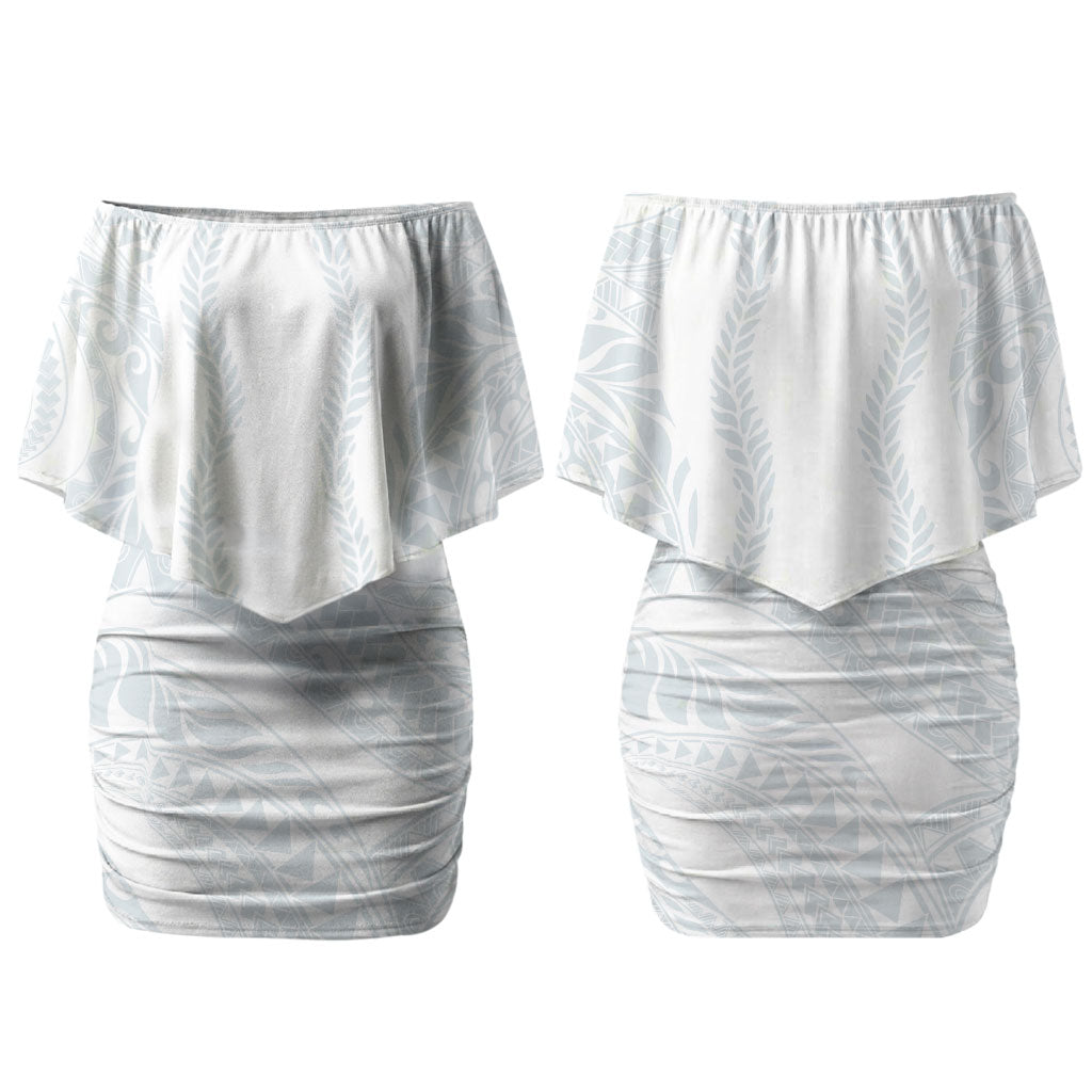 Samoa Lotu Tamaiti Family Matching Off Shoulder Short Dress and Hawaiian Shirt Teuila With Tribal Motifs LT05 Mom's Dress White - Polynesian Pride