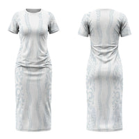 Samoa Lotu Tamaiti Family Matching Short Sleeve Bodycon Dress and Hawaiian Shirt Teuila With Tribal Motifs LT05 Mom's Dress White - Polynesian Pride