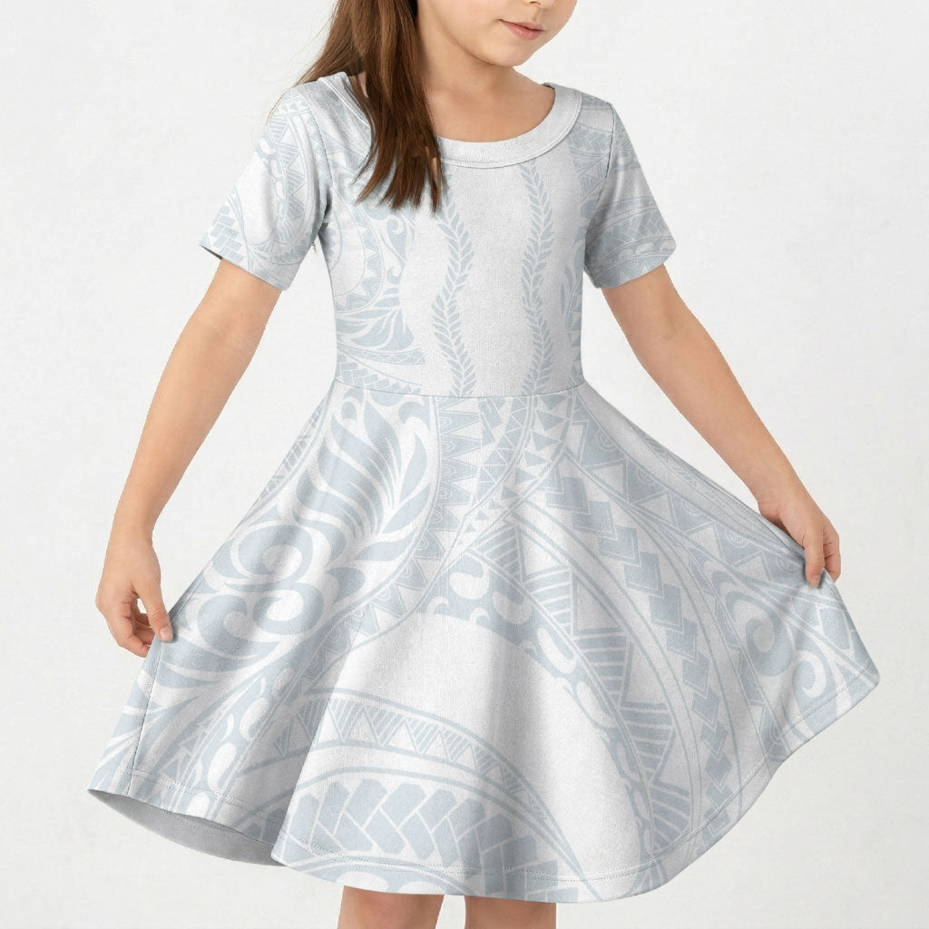 Samoa Lotu Tamaiti Kid Short Sleeve Dress Teuila With Tribal Motifs LT05 KID White - Polynesian Pride
