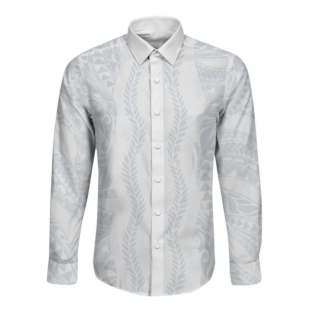 Samoa Lotu Tamaiti Long Sleeve Button Shirt Teuila With Tribal Motifs LT05 Unisex White - Polynesian Pride