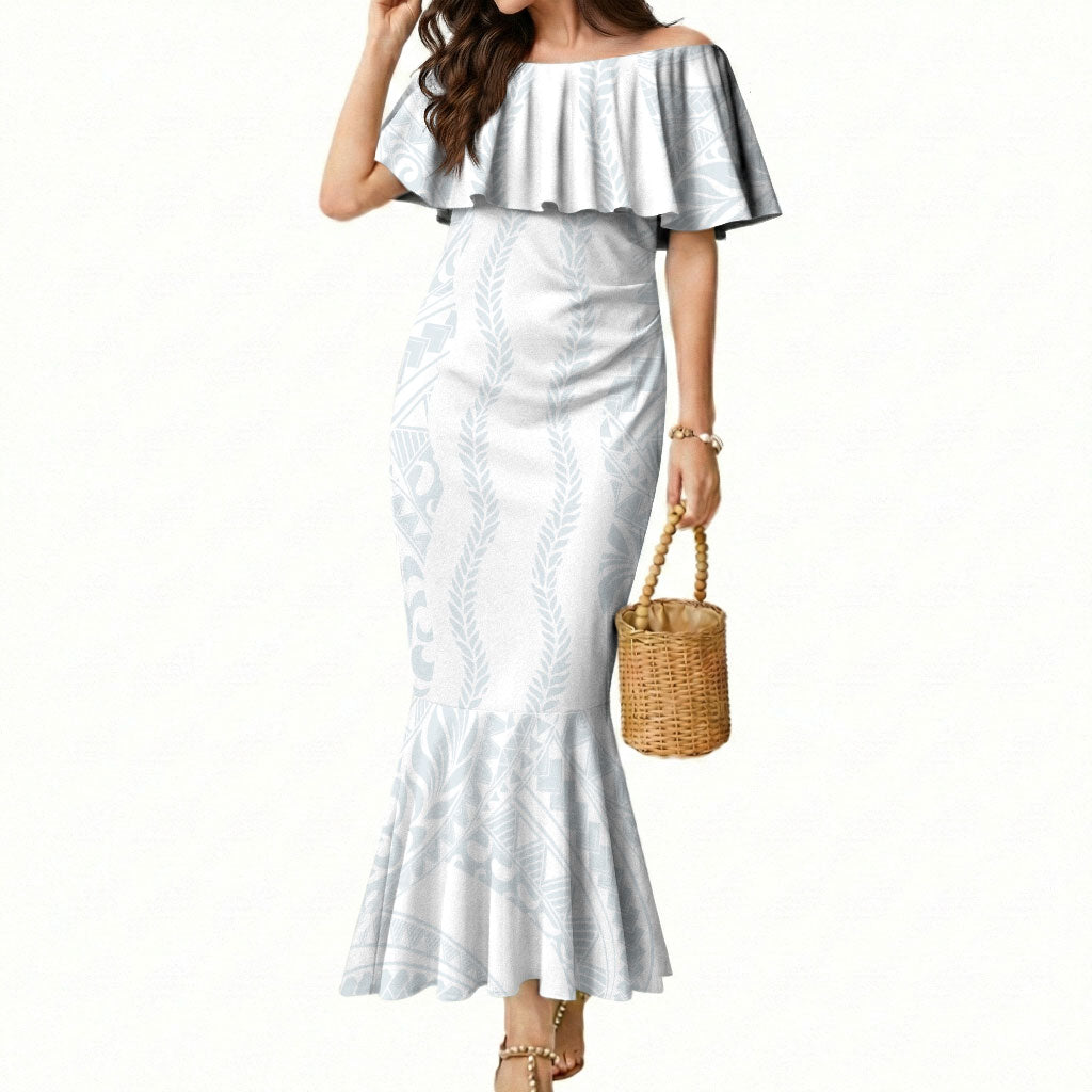 Samoa Lotu Tamaiti Mermaid Dress Teuila With Tribal Motifs LT05 Women White - Polynesian Pride