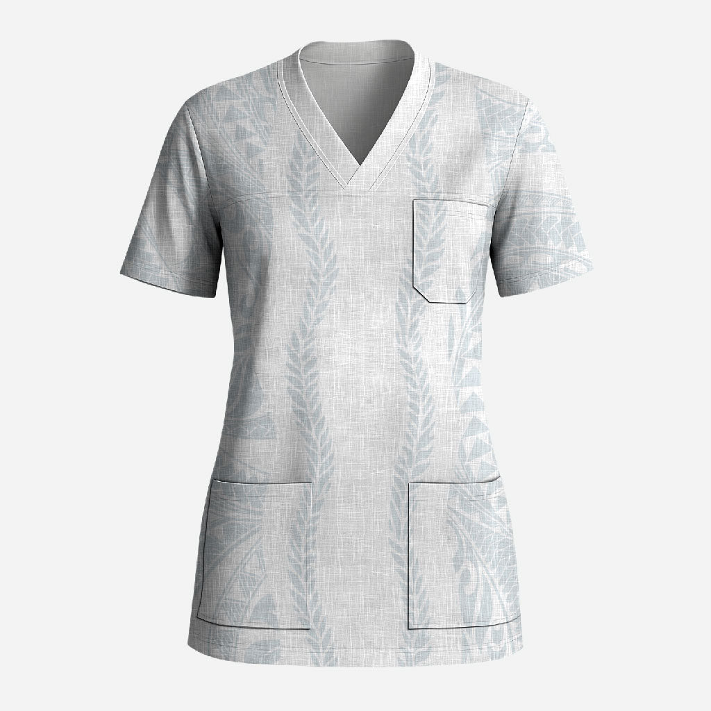 Samoa Lotu Tamaiti Scrub Top Teuila With Tribal Motifs LT05 Adult White - Polynesian Pride