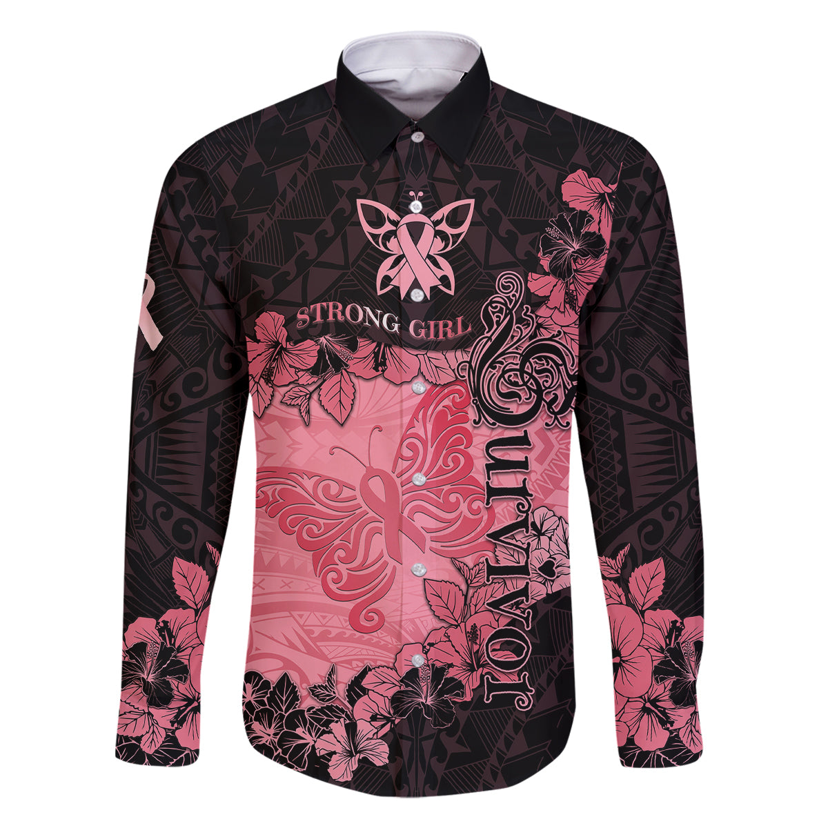Personalized Breast Cancer Family Matching Mermaid Dress and Hawaiian Shirt Survivor Polynesian Ribbon Butterfly LT05 Dad's Shirt - Long Sleeve Pink - Polynesian Pride