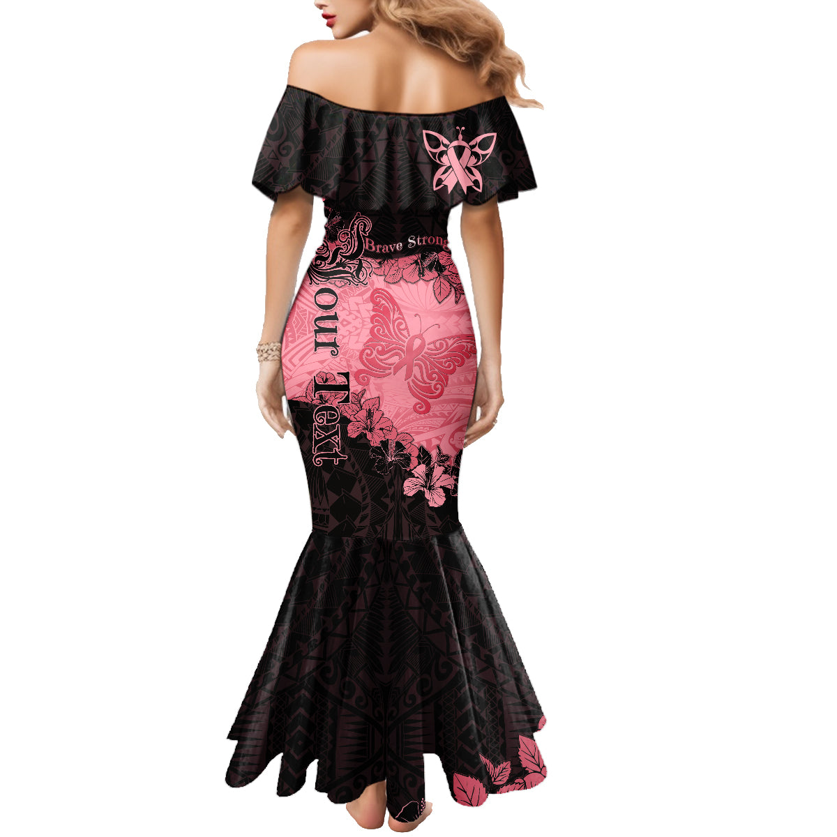 Personalized Breast Cancer Family Matching Mermaid Dress and Hawaiian Shirt Survivor Polynesian Ribbon Butterfly LT05 - Polynesian Pride