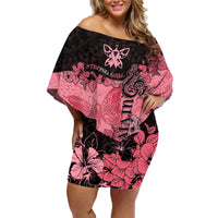 Personalized Breast Cancer Family Matching Off Shoulder Short Dress and Hawaiian Shirt Survivor Polynesian Ribbon Butterfly LT05 Mom's Dress Pink - Polynesian Pride