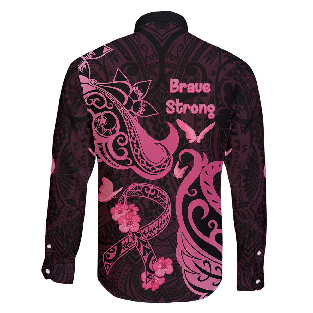 Breast Cancer Awareness Family Matching Short Sleeve Bodycon Dress and Hawaiian Shirt Ribbon Polynesian Pattern Black Version LT05 - Polynesian Pride