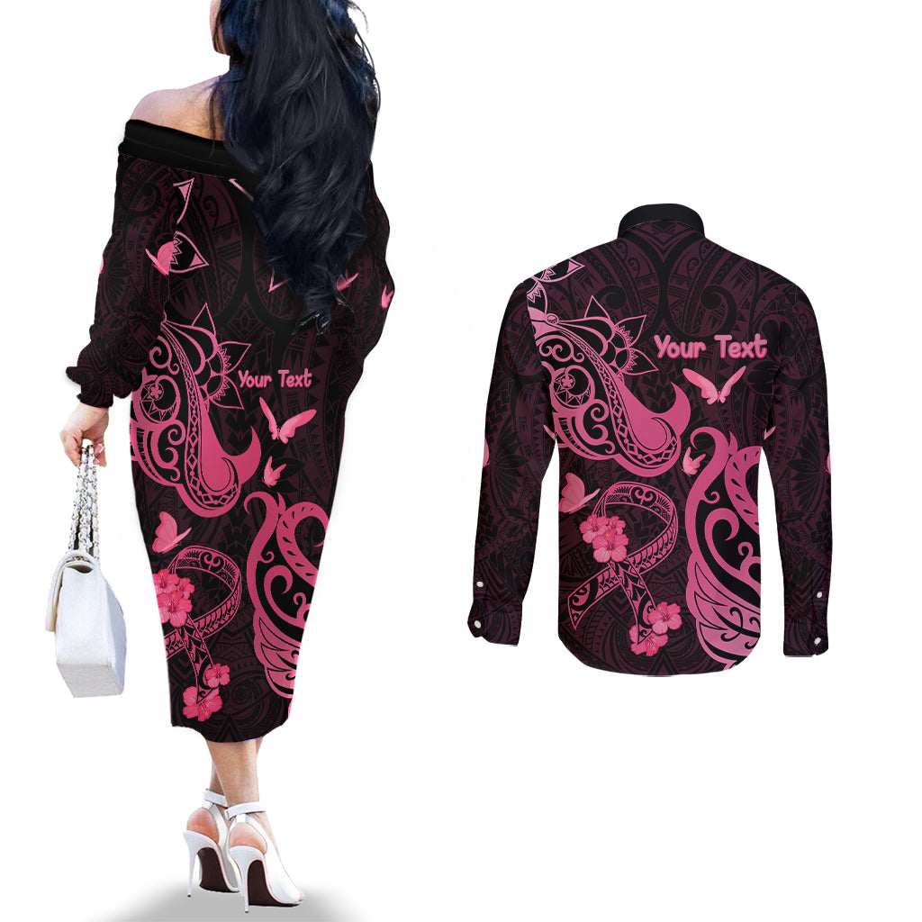 Personalized Breast Cancer Awareness Couples Matching Off The Shoulder Long Sleeve Dress and Long Sleeve Button Shirts Ribbon Polynesian Pattern Black Version LT05 - Polynesian Pride