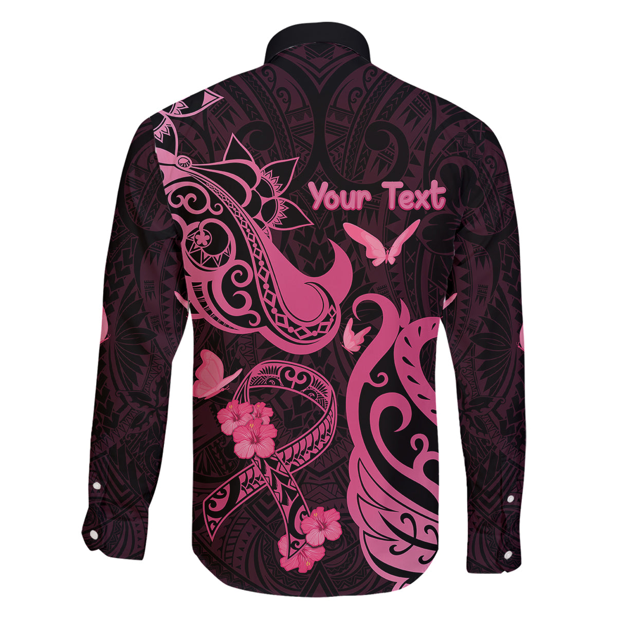 Personalized Breast Cancer Awareness Family Matching Long Sleeve Bodycon Dress and Hawaiian Shirt Ribbon Polynesian Pattern Black Version LT05 - Polynesian Pride