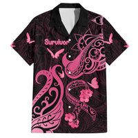Personalized Breast Cancer Awareness Family Matching Off Shoulder Maxi Dress and Hawaiian Shirt Ribbon Polynesian Pattern Black Version LT05 Dad's Shirt - Short Sleeve Black - Polynesian Pride