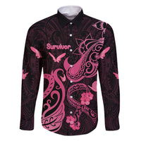 Personalized Breast Cancer Awareness Family Matching Off Shoulder Maxi Dress and Hawaiian Shirt Ribbon Polynesian Pattern Black Version LT05 Dad's Shirt - Long Sleeve Black - Polynesian Pride