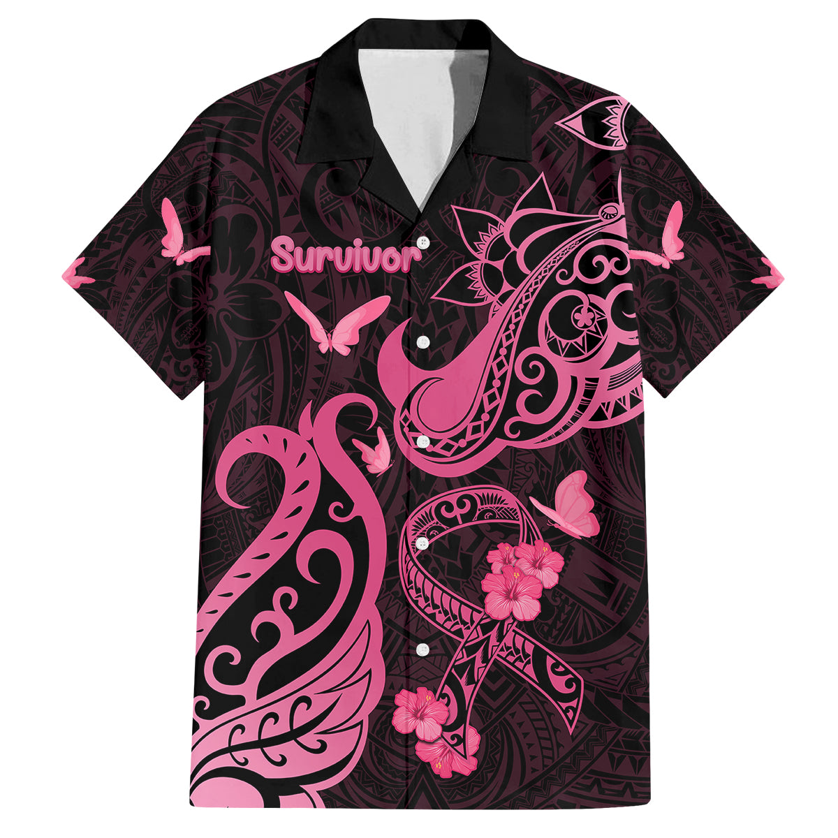 Personalized Breast Cancer Awareness Family Matching Off Shoulder Short Dress and Hawaiian Shirt Ribbon Polynesian Pattern Black Version LT05 Dad's Shirt - Short Sleeve Black - Polynesian Pride